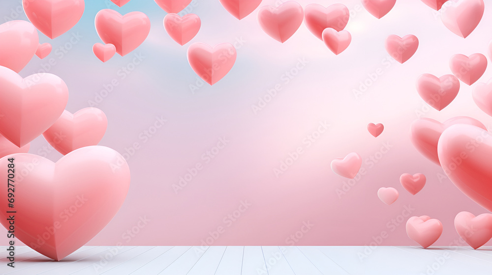 Charming hearts in pink color float forming a frame for copy space on a pastel pink and blue background for Valentine's Day, Mother's Day. Romantic valentine card suitable for love and holiday themes.