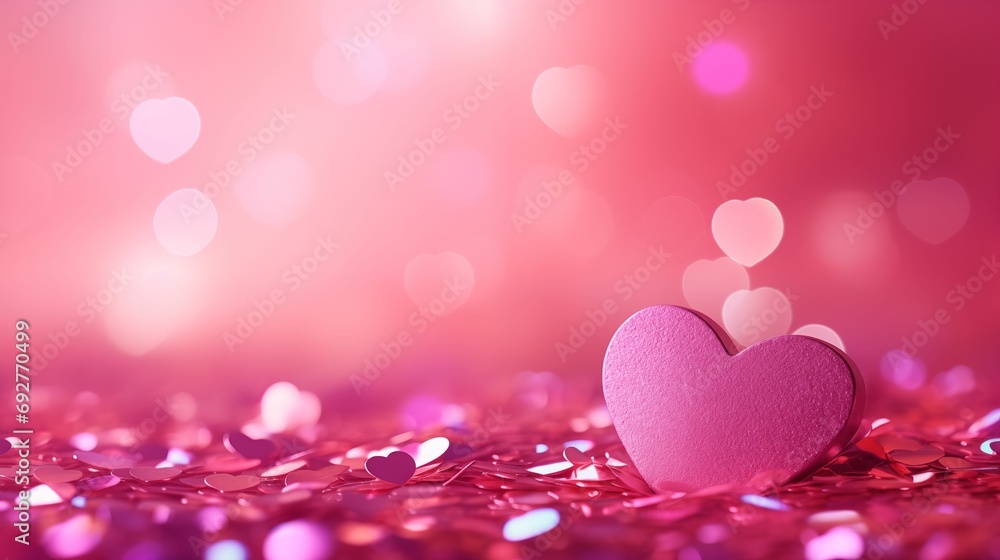 Glittery pink glitter background decorated with defocused abstract lights in the shape of a heart.