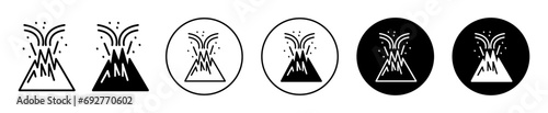 Volcano eruption icon. hot burning ash lava flame smoke by volcano eruption due to global warming and tectonic plate disaster in earthquake logo mark set. active magma erupting on top of the hill peak