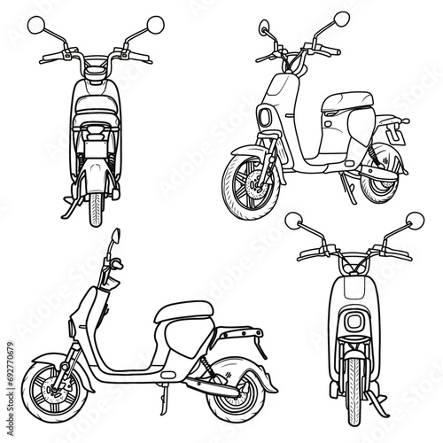 Modern Electric Scooter Bike hand drawn ink line art, moped vector illustration line art, isometric, side, front and rear view Isolated on white background 