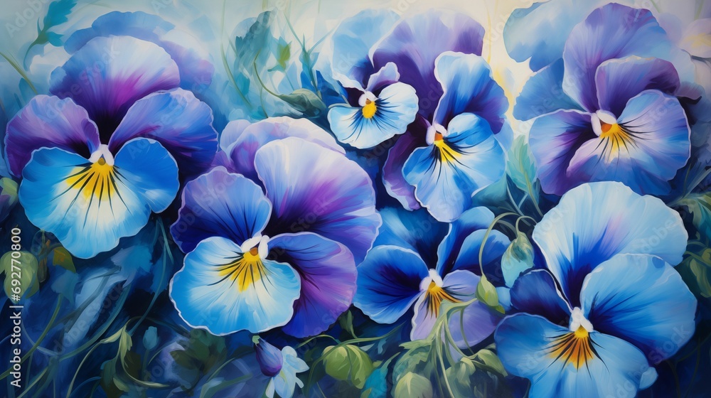 Illustration of vibrant blue pansies in full bloom. - obrazy, fototapety, plakaty 