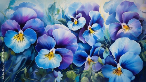 Illustration of vibrant blue pansies in full bloom.