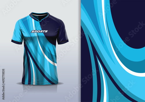 Sport jersey template mockup curve design for football soccer, racing, running, e sports, blue color photo