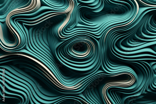 A 3D composition of intricate geometric patterns in a blend of turquoise and platinum, forming a mesmerizing design against a background resembling flowing water.