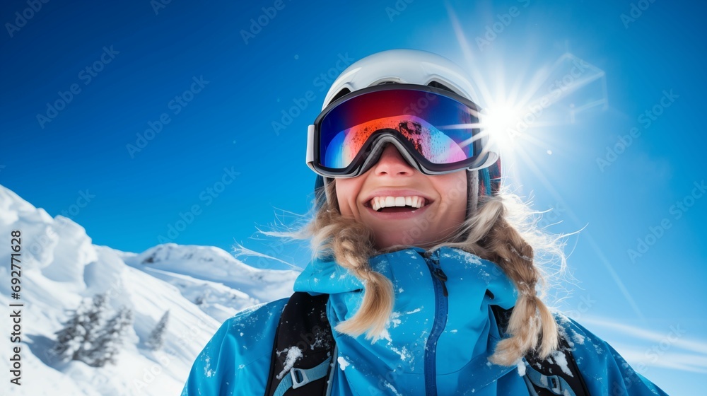 Image of a smiling skier against the backdrop of a blue sky.