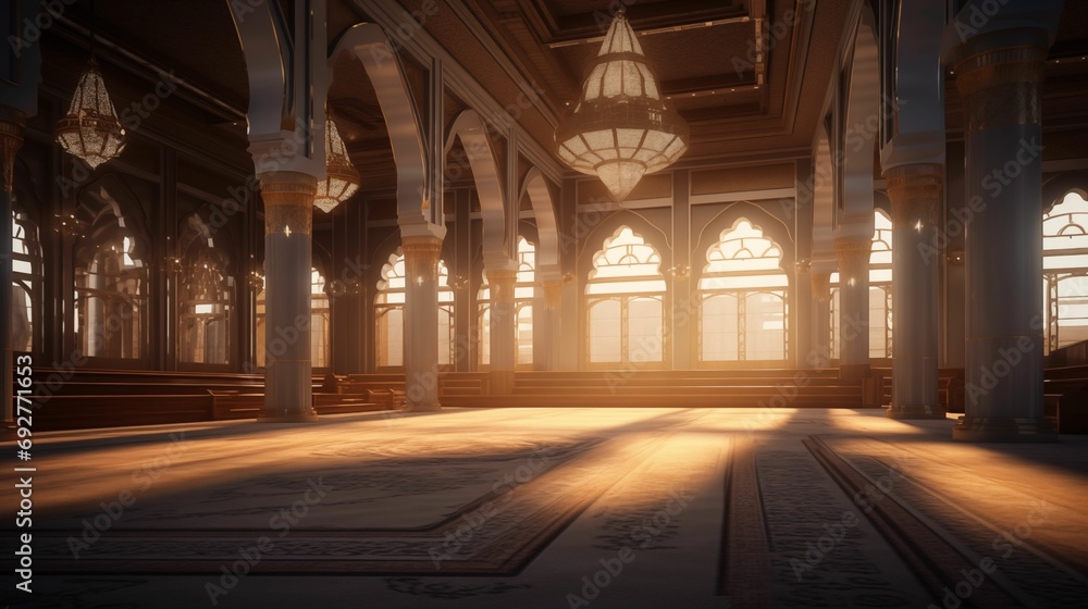 Image of a mosque interior, in soft and sophisticated lighting.