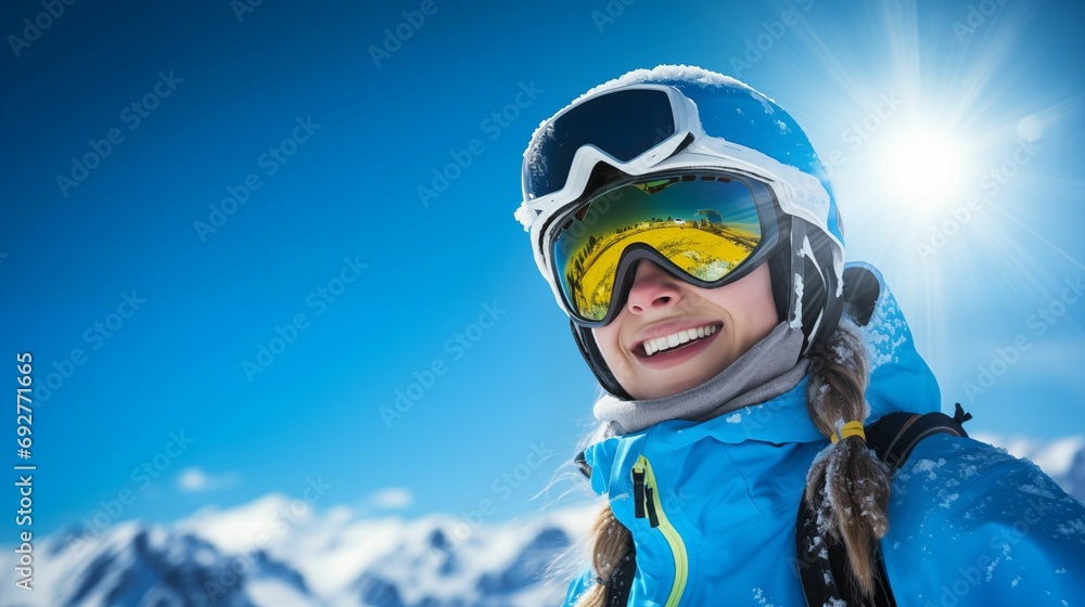 Image of a smiling skier against the backdrop of a blue sky.