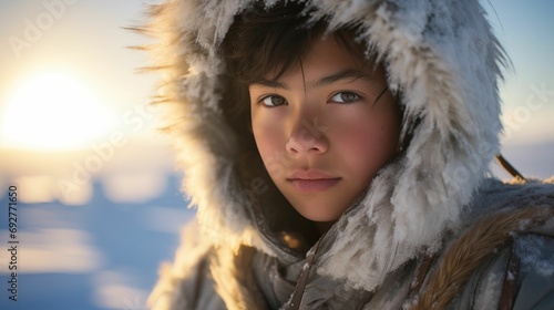 Image of a teenage Eskimo in a winter landscape. photo