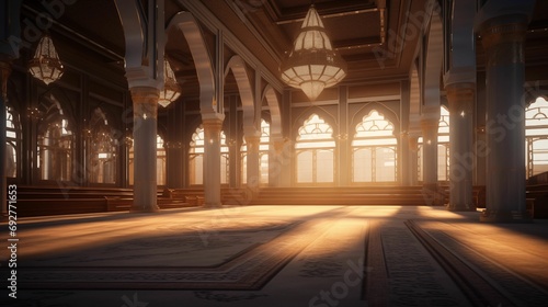 Image of a mosque interior  in soft and sophisticated lighting.