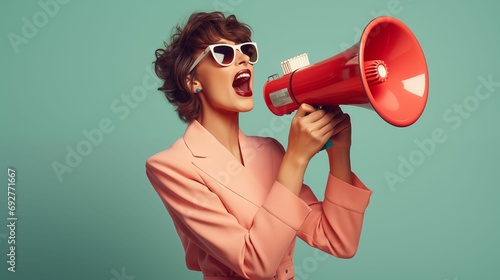 Image of a stylish woman as she confidently screams into a loudspeaker.