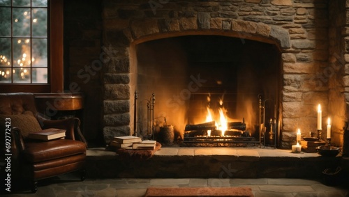 Warm Serenity  A Traditional Living Room with a Stone Fireplace  Generative ai