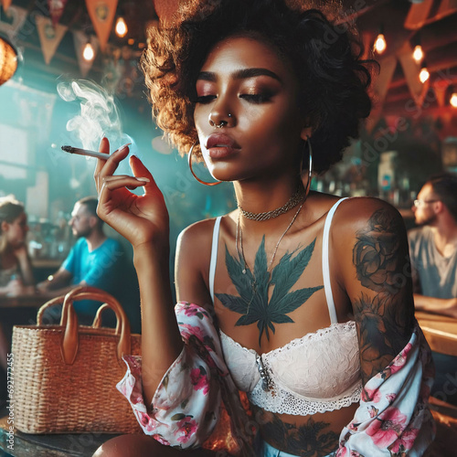 Young woman smoking joint in a Cannabis Social Club. Guest or member of a CSC. Coffeeshop. Cannabis dispensary. Marijuana. Weed. Ganja. Legalization. Lighting up. Amsterdam. Generative AI
