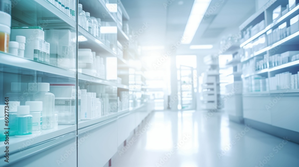 Interior of a pharmacy drugstore with a blurred background. Interior of a pharmacy drugstore with a blurred background.