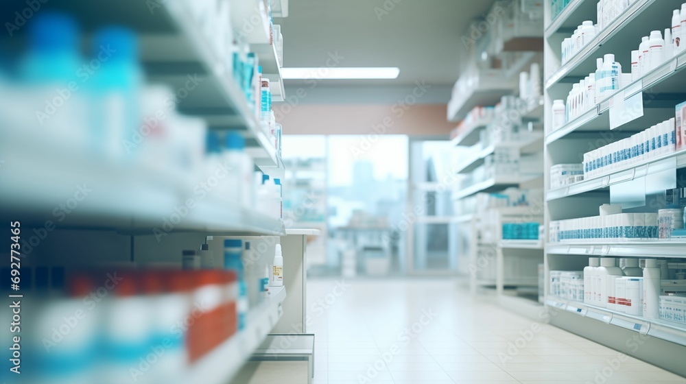 Interior of a pharmacy drugstore with a blurred background.