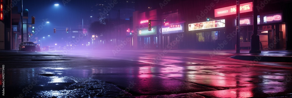 Image of wet asphalt adorned with reflections of neon lights.