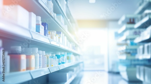 Interior of a pharmacy drugstore with a blurred background. photo