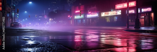 Image of wet asphalt adorned with reflections of neon lights.