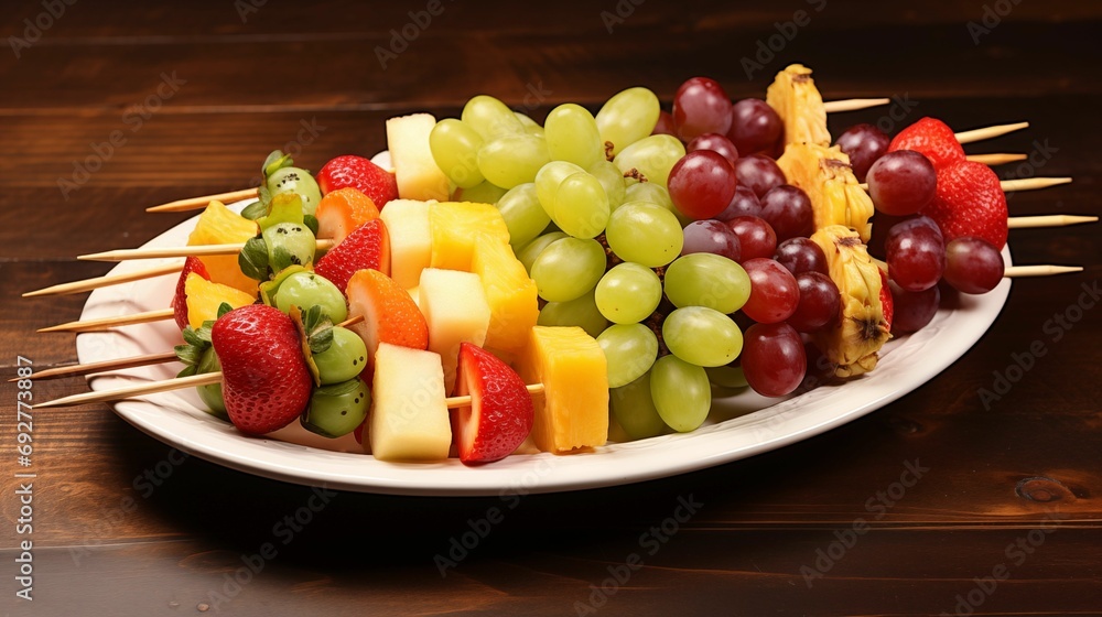 Plate adorned with an assortment of vibrant fruit skewers. Plate adorned with an assortment of vibrant fruit skewers.
