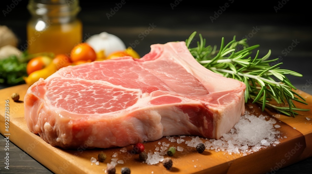 Raw pork chop lies on a clean and well-prepared kitchen surface.