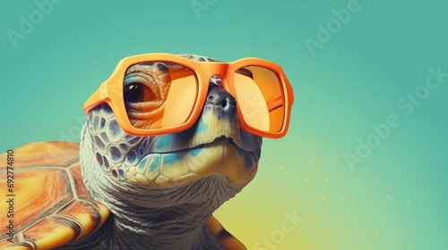 Turtle in stylish sunglasses on a pastel background.