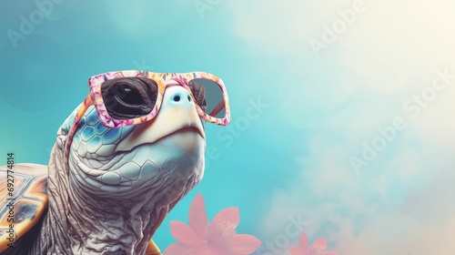 Turtle in stylish sunglasses on a pastel background.
