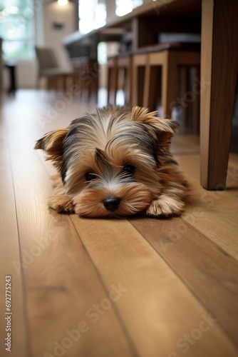 A Yorkshire Terrier lying on a wooden floor with blurred background