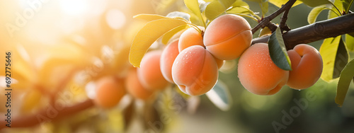 Ripe Apricots Hanging on Apricot Tree Branch in Orchard. Horizontal Banner with Apricots Ready for Harvesting in Close-up View. Concept of Healthy Eating and Organic Farming. photo