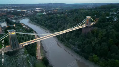 Establishing Aerial View Shot of Bristol UK, United Kingdom, track in, magical light, Clifton Suspension Bridge, River Avon. Aerial view over the Avon Gorge and Clifton Suspension Bridge photo