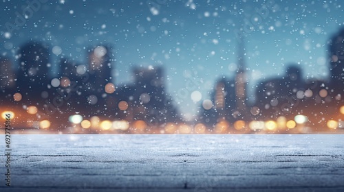 empty city background with bokeh and snow