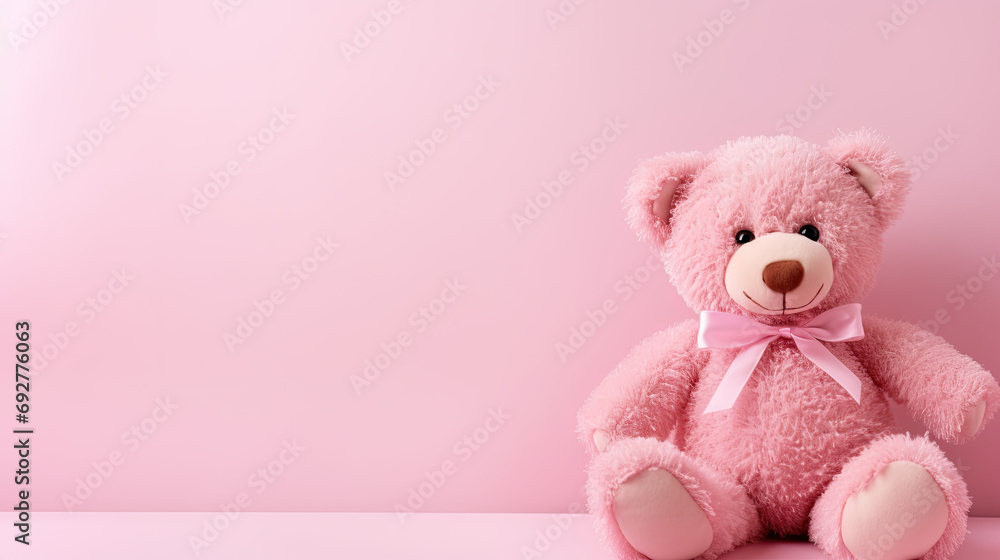 teddy bear with ribbon on a pink background, Girl's Day, Valentine's Day concept with product placement space teddy bear with ribbon on a pink background, Girl's Day, Valentine's Day concept with product placement space