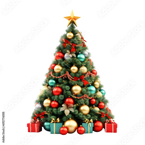 Decorated Christmas tree isolated on transparent background Generative AI 