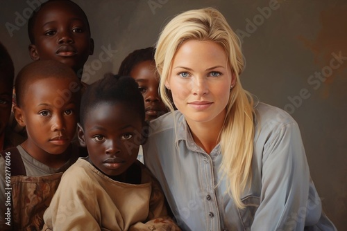African children and white blonde woman teacher