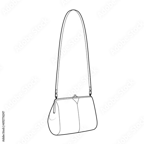 Kiss Lock Cross-Body Bag Handbag with removable strap options. Fashion accessory technical illustration. Vector satchel front 3-4 view for Men, women style, flat handbag CAD mockup sketch outline