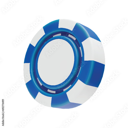 Blue and white falling casino chip 3D rendering. Casino, gambling game, betting symbol. Online gambling token for slot, poker, roulette, blackjack three dimensional vector illustration