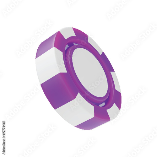 3D violet and white falling casino chip, side view. Casino, gambling game, betting symbol. Online gambling token for slot, poker, roulette, blackjack three dimensional rendering vector illustration