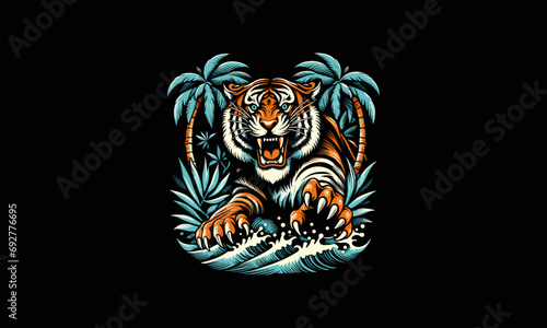 tiger angry with palm vector flat design