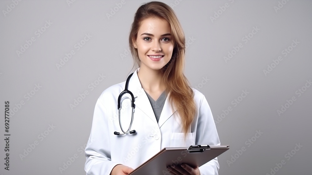 happy male doctor with stethoscope over neck writing in clipboard isolated, one volor background with generative ai happy male doctor with stethoscope over neck writing in clipboard isolated, one volor background with generative ai