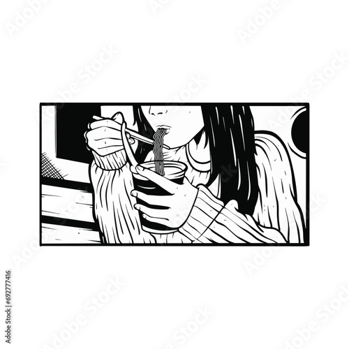 Line art illustration a woman eat instant noodle