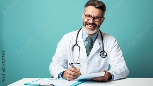 happy male doctor with stethoscope over neck writing in clipboard isolated, one volor background with generative ai