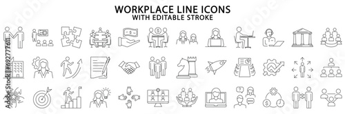 Workplace icons. Workplace icon set. Work place line icons. Vector illustration. Editable stroke. photo