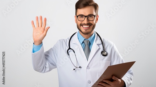 happy male doctor with stethoscope over neck writing in clipboard isolated, one volor background with generative ai photo