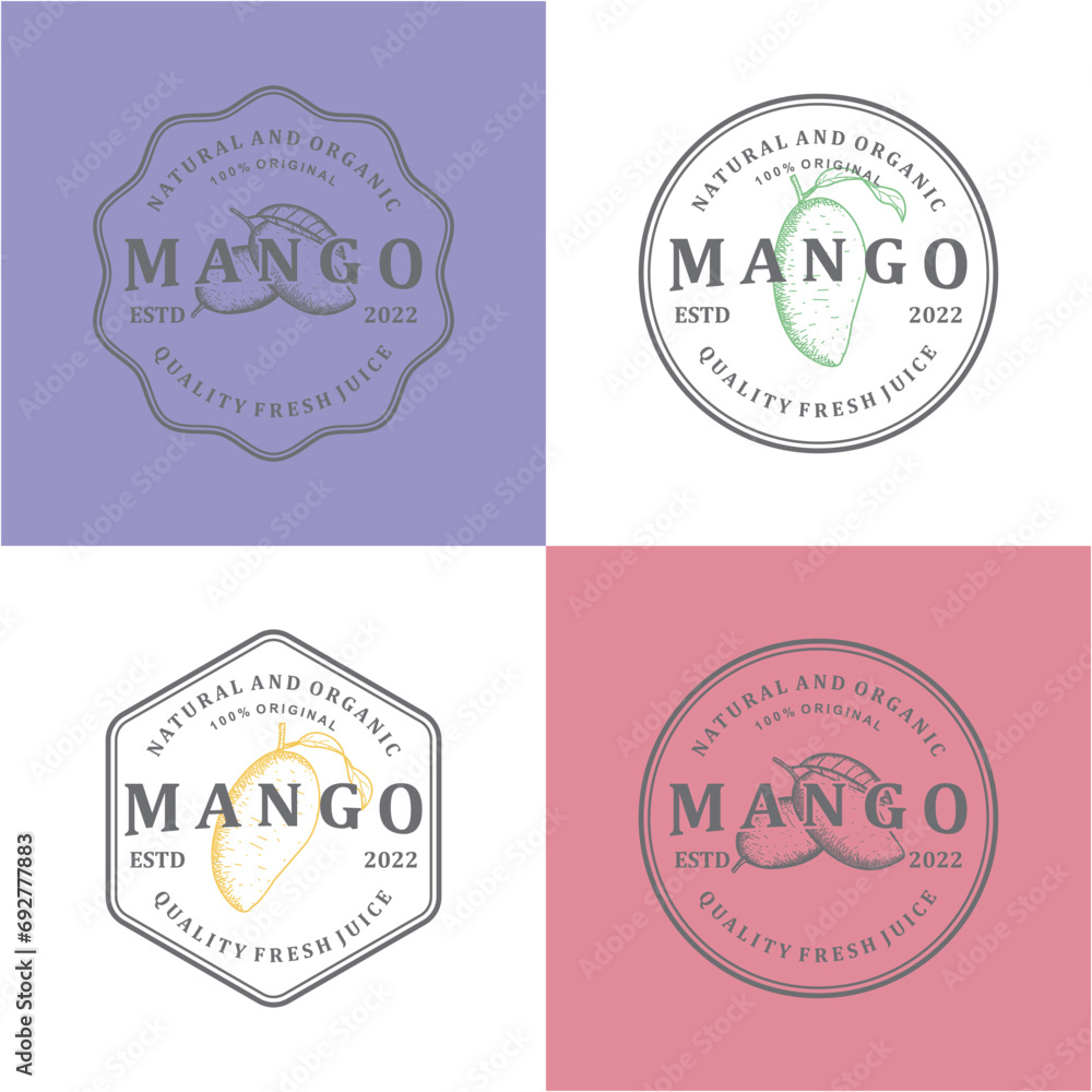 Mango Fruit Farms Abstract Vector Sign, Symbol or Logo Template. Hand Drawn Mango with Leaves Sketch with Retro Typography. Vintage Luxury Emblem.