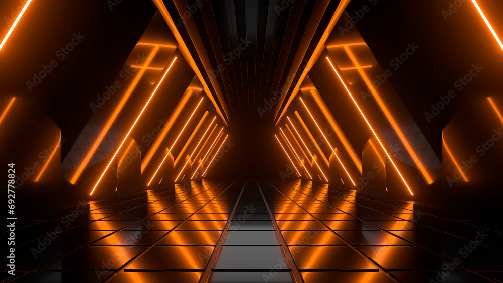 Sci Fi neon glowing lines in a dark tunnel. Reflections on the floor and ceiling. Empty background in the center. 3d rendering image. Abstract glowing lines. Technology futuristic background.