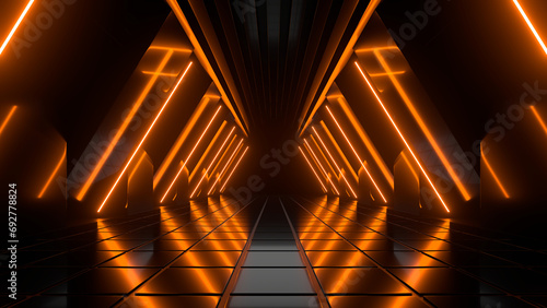 Obraz na płótnie Sci Fi neon glowing lines in a dark tunnel. Reflections on the floor and ceiling. Empty background in the center. 3d rendering image. Abstract glowing lines. Technology futuristic background. w salonie