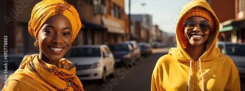 Smiling woman in yellow clothing looking at camera in city