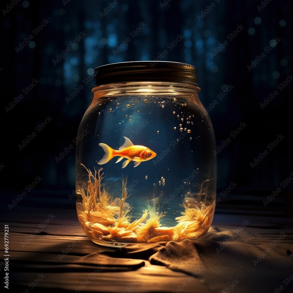 Goldfish on a aquarium with clear water on a dark background poster illustration Goldfish on a aquarium with clear water on a dark background poster illustration