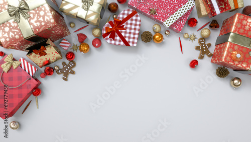 Merry Christmas: red and gold gifts, with other Christmas balls and other decorations. layflat 3D rendered illustration with copyspace for text.