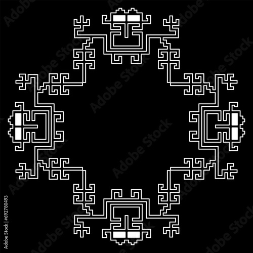 Ethnic pattern or frame with geometrical Nazca textile motifs. Native American indigenous design of pre Columbian Peru. Black and white silhouette.