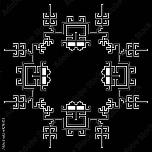 Ethnic pattern or frame with geometrical Nazca textile motifs. Native American indigenous design of pre Columbian Peru. Black and white silhouette.