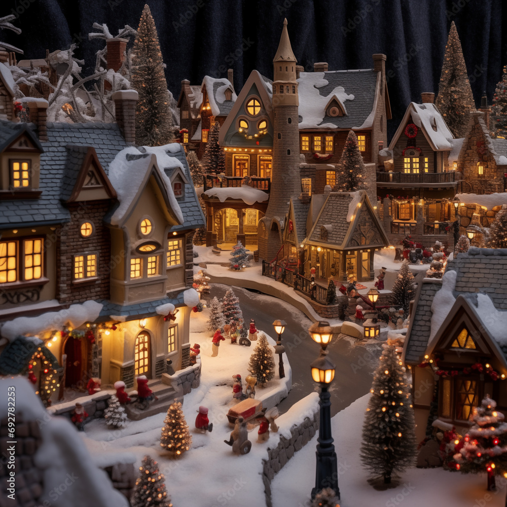 A Christmas village with miniature houses and shops decorated for the holiday season.Generative AI.